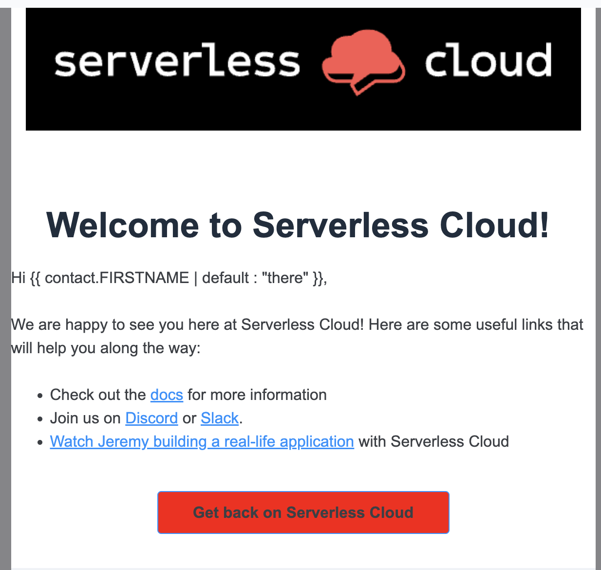 Serverless Cloud Welcome Email Template on Sendinblue