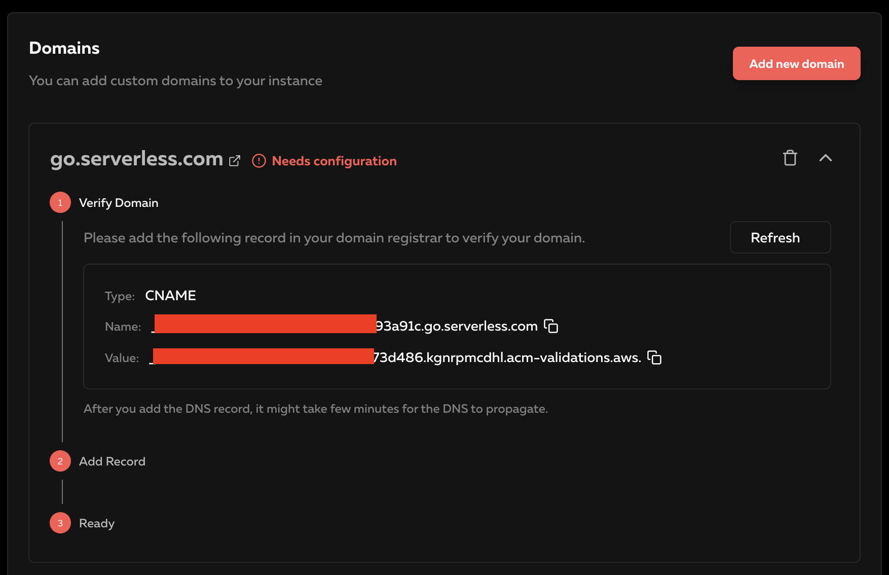 Copy the verification records to validate your domain