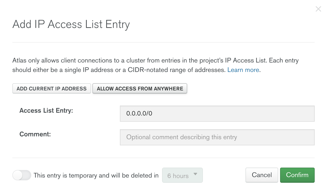 Allow "Access from Anywhere" to your MongoDB cluster. It will still be protected by your database credentials.