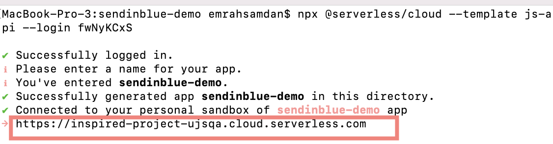 Serverless Cloud CLI with sandbox URL highlighted