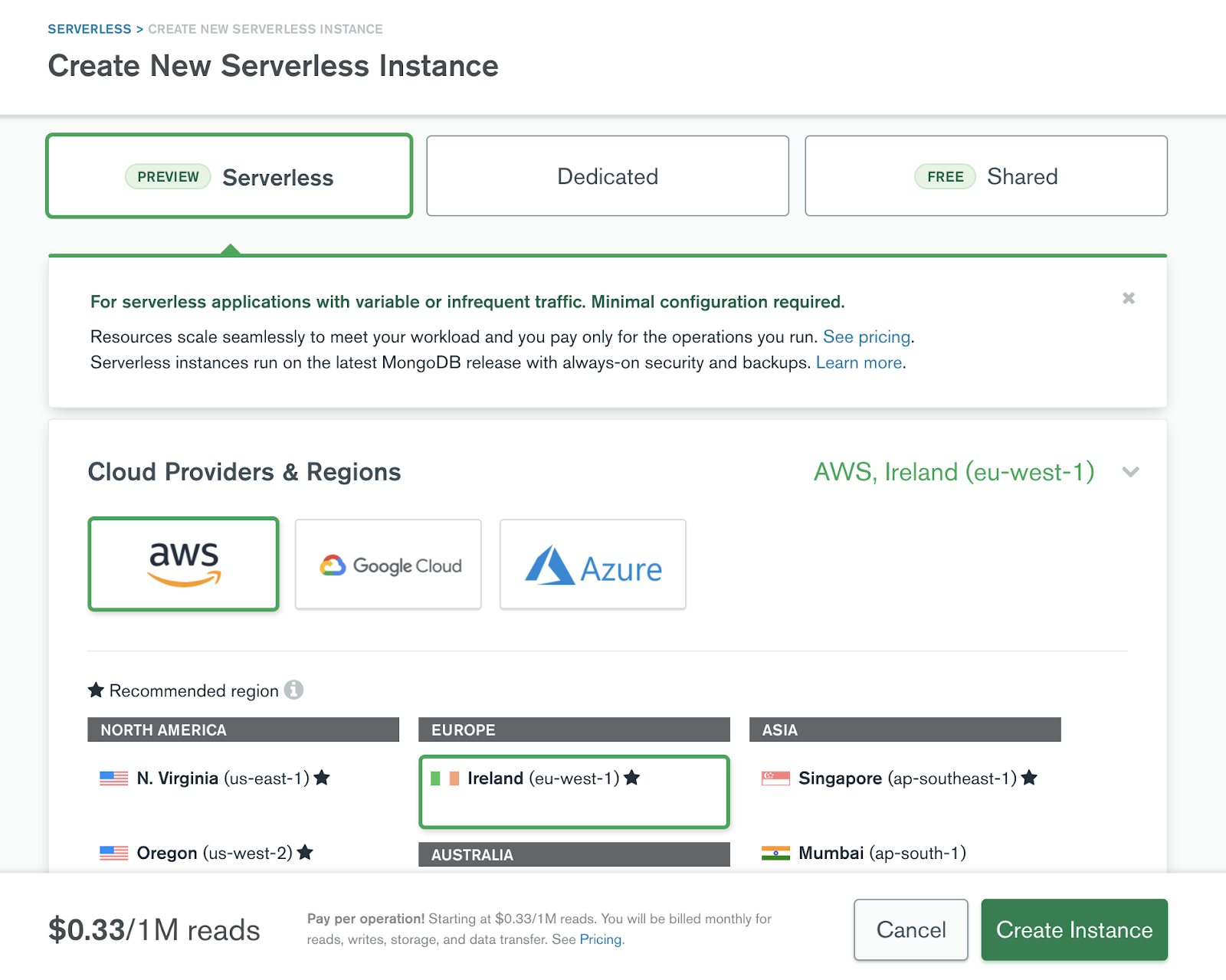 Create a new Serverless MongoDB Atlas instance