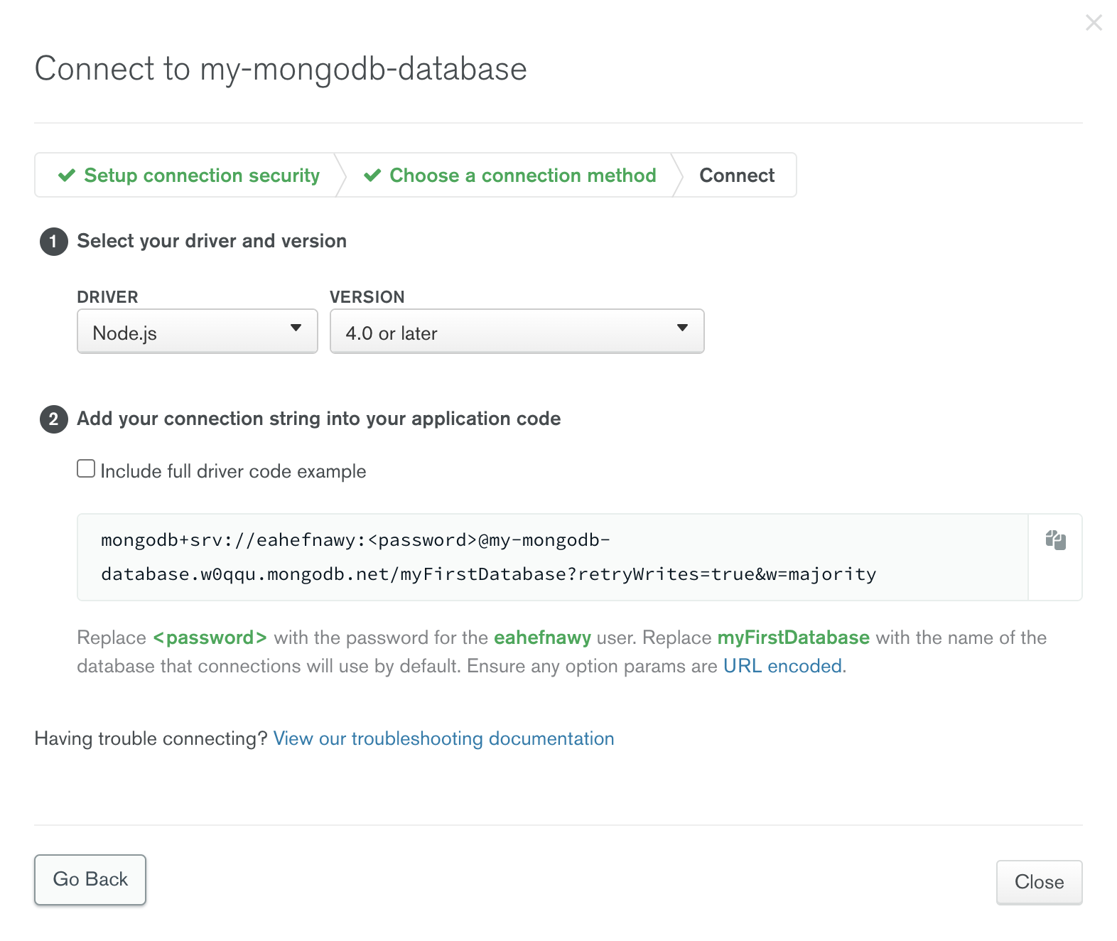 Copy your connection string for the Node.js driver